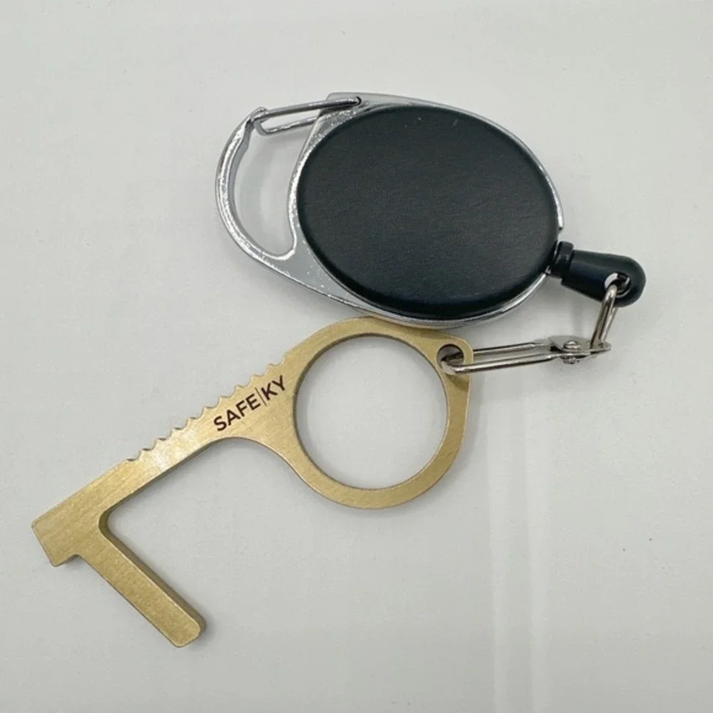 Safe-Ky Brass Touchless Door Opener Tool Retractable Reel‎ Keychain Clip J-01